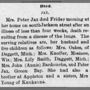 Jax, Anna Obituary from the Wednesday, May 13, 1891 Green Bay Press-Gazette