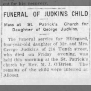 Hildegard Judkins Death Announcement 7/19/1911