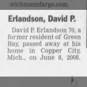 Death Notice for David P Erlandson